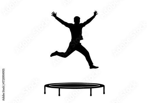 A silhouetted figure leaps with joyous energy from a trampoline.