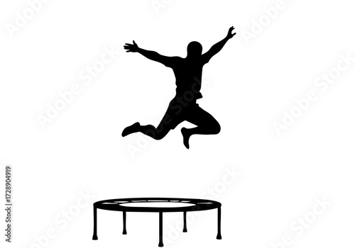 A silhouette of a person enthusiastically jumping on a trampoline.