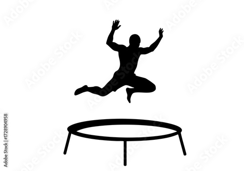 A silhouetted person enjoying jumping on a trampoline. 