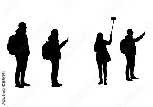 Silhouette people using smartphones in various poses.