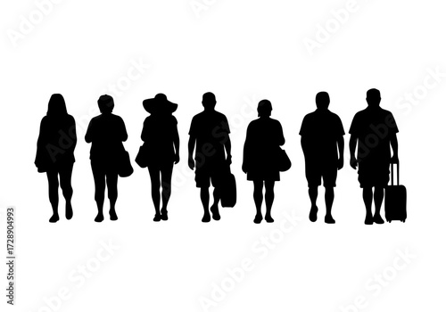 Silhouetted group of travelers, walking forward with their luggage.