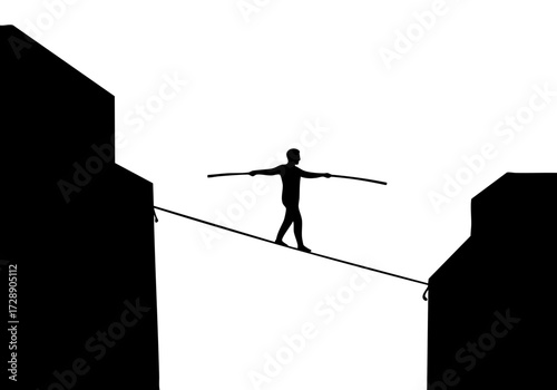 A silhouette of a tightrope walker, walking on a rope between two buildings, symbolizing determination, risk, and balance. 