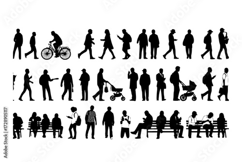 Urban Symphony: Panoramic Silhouette Tableau of Diverse Individuals, City's Dynamic Tapestry, Movement, Culture, Everyday Life, Downtown.