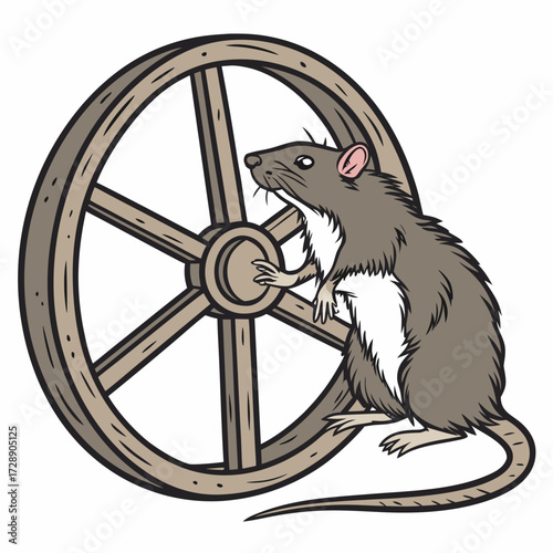 A cartoon illustration of a brown and white rat standing on its hind legs and holding onto a wooden wagon wheel