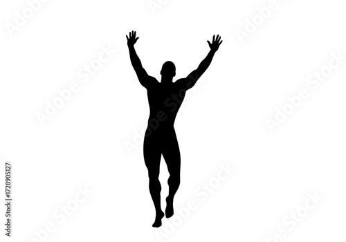 A silhouette of a man running with arms raised in triumph.