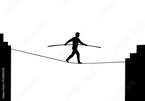 Silhouette of a man carefully balancing on a tightrope, a symbol of risk-taking and courage.