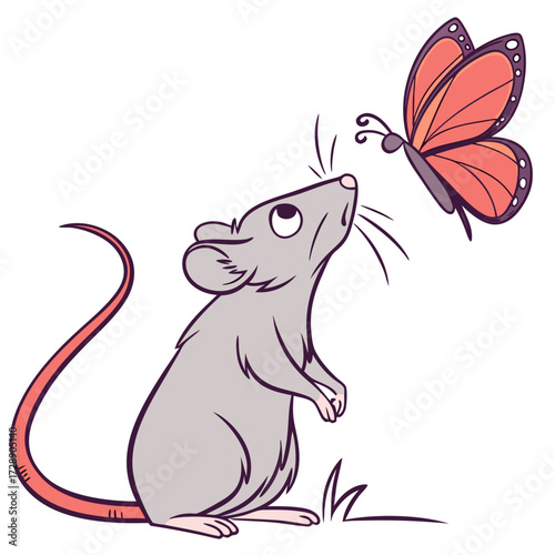 A curious cartoon gray mouse standing on grass looking up at a bright orange butterfly flying nearby