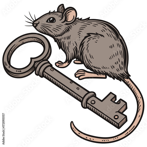 A curious grey mouse sits on a vintage ornate key symbolizing discovery and unlocking secrets