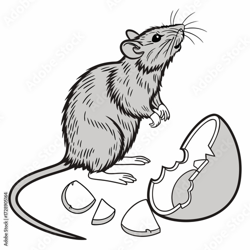 A curious gray mouse stands on its hind legs next to a cracked open eggshell and fragments