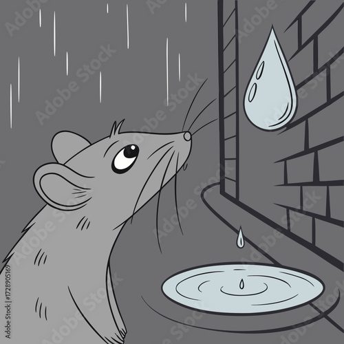 A curious gray cartoon rat looks up at falling raindrops in a dark alleyway with puddles