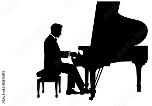 A pianist plays a grand piano, silhouetted against a blank backdrop.