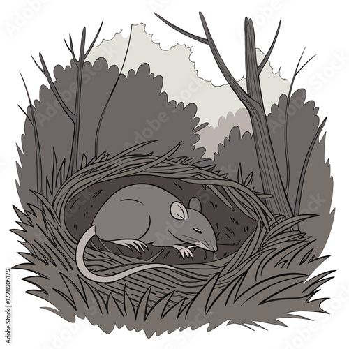 A cute grey mouse rests peacefully in its cozy nest made of twigs and grass surrounded by forest elements