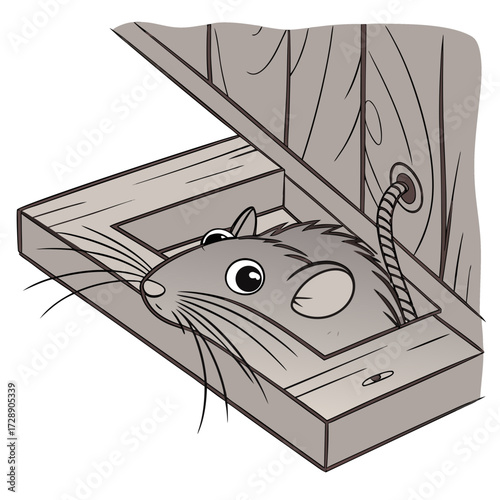 Cartoon illustration of a curious gray mouse peeking out of a wooden mousetrap with a rope attached