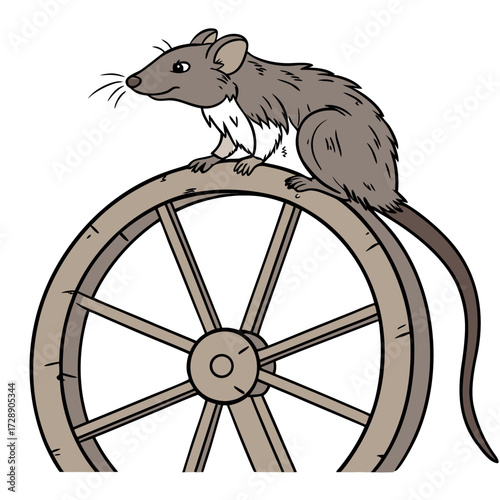 Cartoon illustration of a small brown mouse sitting on top of a rustic wooden wagon wheel isolated on white