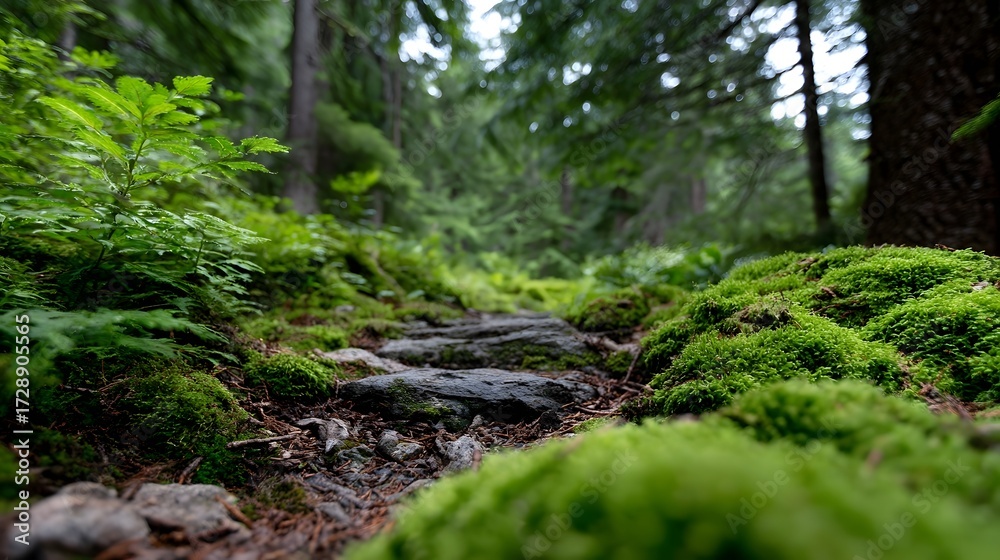 Fototapeta premium A serene and tranquil forest path winding through a dense, verdant landscape blanketed in vibrant green moss and rich, overgrown foliage