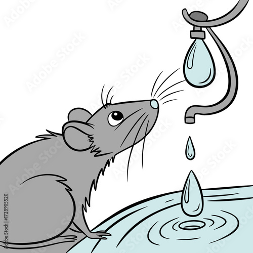 Cute cartoon gray mouse eagerly watching water drip from a faucet into a pool below