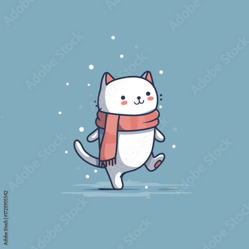 Animated white cat with rosy cheeks walks in a winter snow, wearing a coral scarf