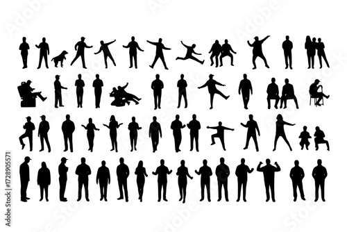 Multitude in Monochrome: Vast Collection of Human Silhouettes, Diverse Gathering in Various Poses & Groupings, Stark Black and White.