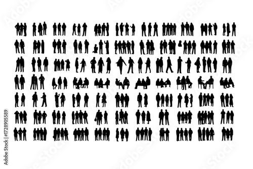 Multitude in Monochrome: Vast Collection of Human Silhouettes, Diverse Gathering in Various Poses & Groupings, Stark Black and White.