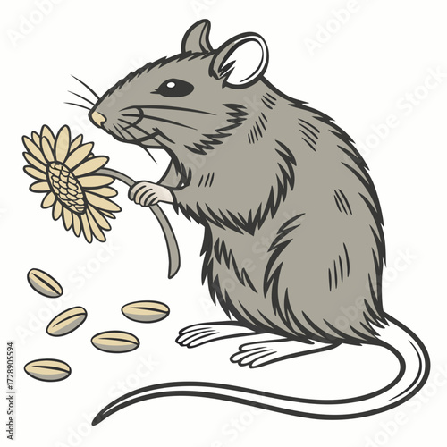 Cute cartoon gray mouse holding a yellow sunflower with scattered seeds on a white background