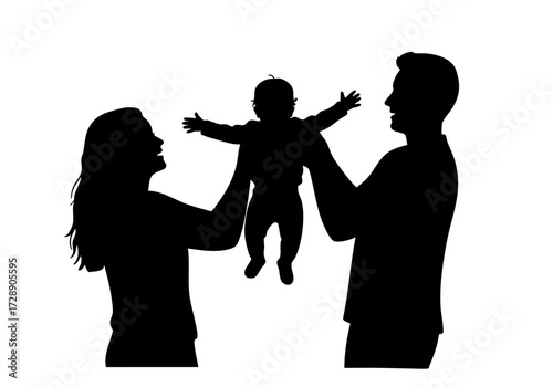 Silhouette of parents playing with their child.