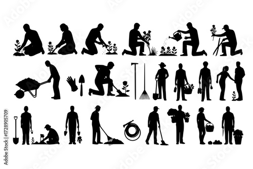 Gardening Silhouettes Pack: A diverse collection of silhouettes showcasing various gardening activities and tools, from planting to maintenance and harvesting.
