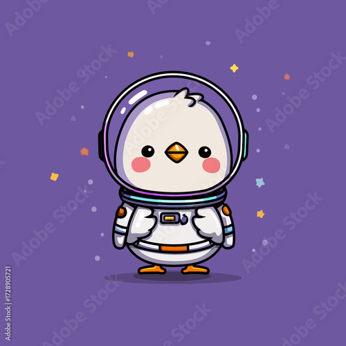 Cute cartoon chick astronaut in space suit against a purple starry background