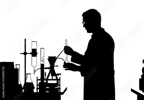 A scientist working in a laboratory with glassware and equipment. 