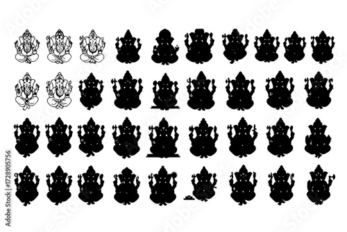 Divine Ganesha Icon Collection: Detailed Line Art & Silhouette Depictions of Hindu Deity, God of Wisdom, Prosperity, Good Fortune, India.