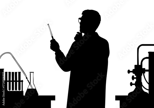 A silhouette of a scientist conducting an experiment in the laboratory.