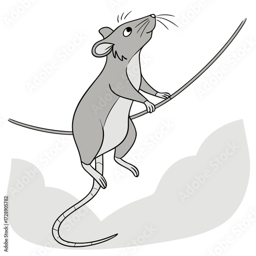Cute cartoon mouse balancing precariously on a thin wire looking upwards with curiosity and hope