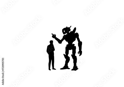 Silhouette of a human interacting with a towering robot 