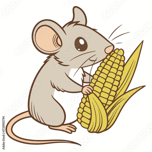 Cute cartoon mouse character happily nibbling on a delicious ear of yellow corn on the cob