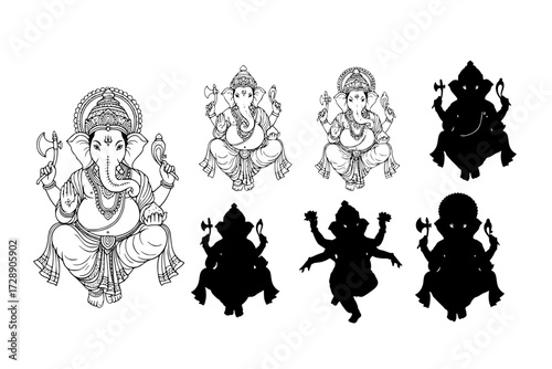 Divine Ganesha Icon Collection: Detailed Line Art & Silhouette Depictions of Hindu Deity, God of Wisdom, Prosperity, Good Fortune, India.