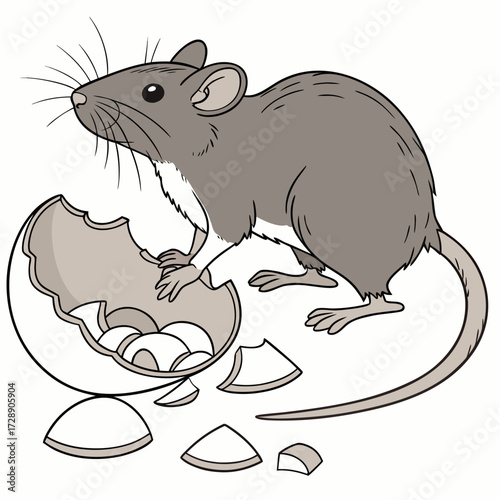 Cute cartoon mouse sitting on a broken eggshell with smaller egg pieces scattered around it