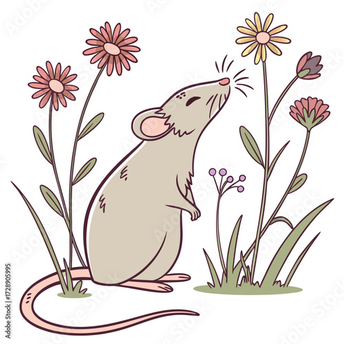 Cute cartoon mouse standing on hind legs smelling delicate wildflowers in a sunny meadow illustration