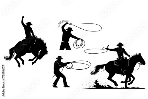 Cowgirl Silhouette Collection: Dynamic Silhouettes on Horseback, Lasso, Pistol, Hat, Wild West, Strength, Freedom, Rodeo, Western.