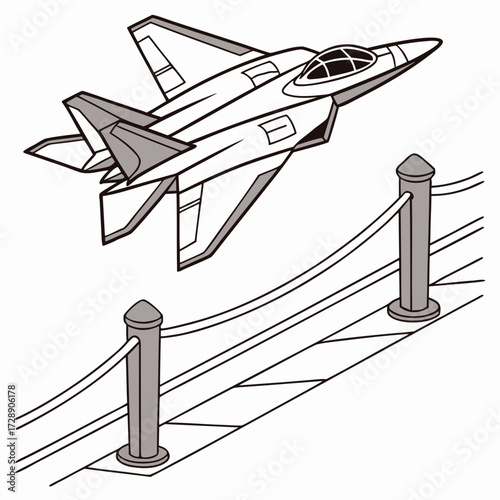 Modern fighter jet soaring above a pathway with stanchions and ropes in a stylized illustration