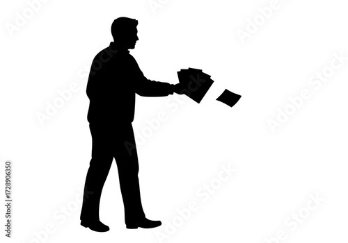 Silhouette of a person distributing papers, brochures or flyers. 