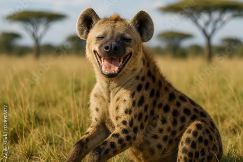 Wild hyena with eyes closed, laughing in the sunny African grassland