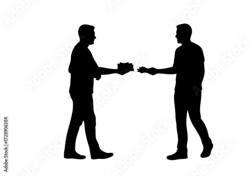 Business transaction: two individuals exchanging money.