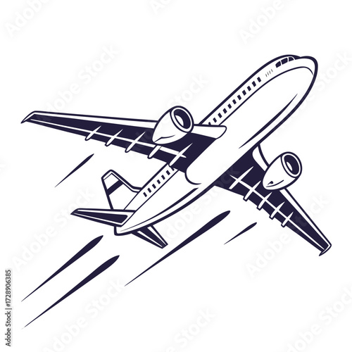 Stylized illustration of a modern jet airplane ascending rapidly with motion lines indicating speed and travel