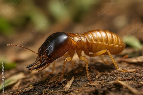 Intense macro view of a destructive termite soldier on soil
