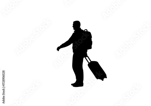 A traveler with a backpack and a suitcase, in silhouette form, embarking on a journey