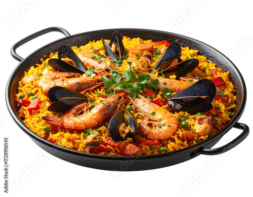 Vibrant Seafood Paella with Shrimp and Mussels on a Black Pan