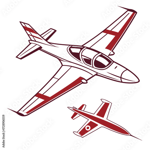 Two stylized red and white jet aircraft flying in formation against a clean white background illustration