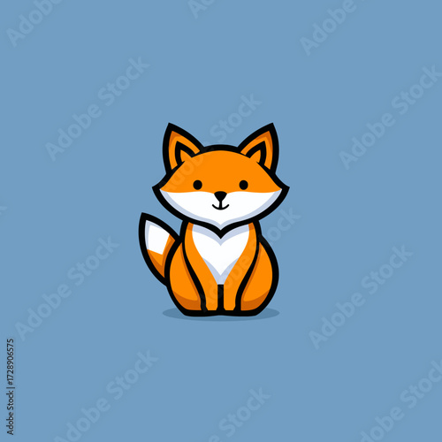 Cartoon fox sitting upright with a curled tail on a solid blue background