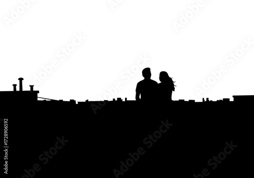 A silhouetted couple, standing on a rooftop, gazing out at the city skyline. 