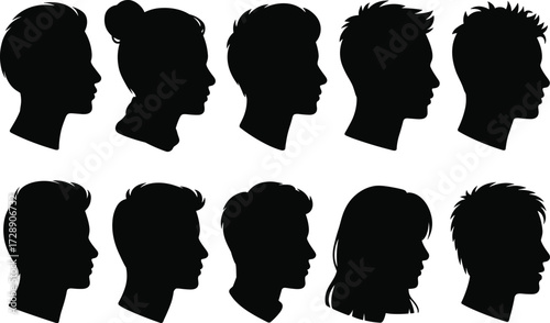 Set of 10 black human head silhouettes in profile view, male and female face outlines, side portrait vector illustration