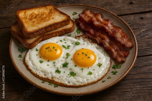 Hearty morning meal with perfectly fried eggs, bacon and golden toast